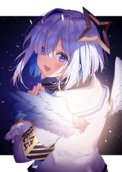 Rule 34 | 1girl, :d, amane kanata, amane kanata (1st costume), angel wings, armband, back, blue hair, bob cut, colored inner hair, feathered wings, fingernails, from behind, glowing, hair over one eye, halo, highres, hololive, letterboxed, looking at viewer, looking back, multicolored hair, necomi, open mouth, purple eyes, sailor collar, school uniform, short hair, single hair intake, smile, solo, star halo, upper body, virtual youtuber, wings