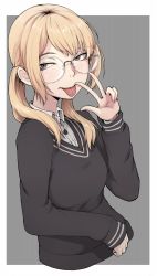 Rule 34 | 1girl, act-age, blonde hair, brown eyes, collared shirt, freckles, glasses, grey background, highres, ina (gokihoihoi), long sleeves, looking at viewer, low twintails, medium hair, piercing, sanzaka nanao, shirt, short twintails, simple background, solo, tongue, tongue out, tongue piercing, twintails, upper body, v, white shirt