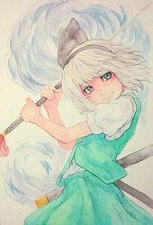 Rule 34 | 1girl, arms up, blue eyes, bow, eyelashes, hair bow, hairband, head tilt, highres, hitodama, katana, konpaku youmu, lips, looking at viewer, painting (medium), puffy short sleeves, puffy sleeves, scabbard, sheath, short hair, short sleeves, silver hair, simple background, skirt, skirt set, solo, sword, texture, touhou, traditional media, vest, watercolor (medium), weapon, white background, yuyu (00365676)