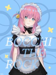 Rule 34 | 1girl, absurdres, alternate costume, apron, black bow, black dress, blue eyes, bocchi the rock!, bow, closed mouth, cube hair ornament, dress, english text, frills, gotoh hitori, hair between eyes, hair ornament, hair over eyes, highres, long hair, looking at viewer, maid, maid apron, maid headdress, noraesei, one side up, pink hair, puffy short sleeves, puffy sleeves, short sleeves, solo, standing