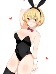 Rule 34 | 1girl, ahoge, animal ears, arm behind head, bare arms, bare shoulders, black headwear, black leotard, black thighhighs, blonde hair, blush, bow, bowtie, closed mouth, commentary, constricted pupils, cowboy shot, detached collar, eyelashes, fake animal ears, forehead, hair between eyes, hair ornament, heart, highleg, highleg leotard, highres, hololive, hukigen dadada, legs up, leotard, looking at viewer, nail polish, pink nails, playboy bunny, red bow, red bowtie, short hair, simple background, smile, solo, strapless, strapless leotard, thighhighs, thighs, virtual youtuber, white background, wrist cuffs, yellow eyes, yozora mel