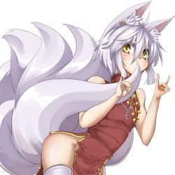Rule 34 | 1girl, amino dopple, animal ear fluff, animal ears, bare shoulders, blush, china dress, chinese clothes, dress, fox ears, fox tail, looking at viewer, multiple tails, no panties, original, short hair, side slit, silver hair, solo, tail, thighhighs, transparent background, white thighhighs, yellow eyes