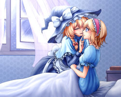 Rule 34 | 2girls, alice margatroid, apron, blonde hair, blue eyes, book, braid, crying, curtains, eyelashes, closed eyes, female focus, finger to mouth, hat, hat ribbon, headband, kirisame marisa, long sleeves, multiple girls, nightgown, nip to chip, on bed, open window, parted lips, pillow, profile, ribbon, shawl, short hair, single braid, sitting, snow, snow on head, streaming tears, tears, touhou, under covers, waist apron, wind, window, witch hat, yuri