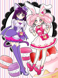 Rule 34 | 10s, 2girls, :q, animal ears, bishoujo senshi sailor moon, boots, bow, bubble skirt, cake, cake hair ornament, cat ears, chibi usa, choker, color connection, cone hair bun, cosplay, cure macaron, cure macaron (cosplay), cure whip, cure whip (cosplay), double bun, dress, earrings, elbow gloves, extra ears, food, food-themed hair ornament, fruit, gloves, hair bun, hair ornament, jewelry, kirakira precure a la mode, looking at viewer, macaron, macaron hair ornament, multiple girls, paw pose, pink bow, pink eyes, pink footwear, pink hair, pink neckwear, pom pom (clothes), pom pom earrings, precure, purple eyes, purple footwear, purple hair, purple neckwear, purple skirt, rabbit ears, ribbon choker, sarashina kau, shoes, short hair, skirt, smile, strawberry, strawberry shortcake, thigh boots, thighhighs, tomoe hotaru, tongue, tongue out, twintails, white dress, white gloves