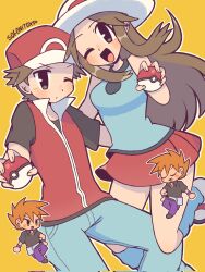 1girl 2boys arm_around_waist baseball_cap blue_oak blue_shirt brown_eyes brown_hair creatures_(company) game_freak green_(pokemon) hat highres holding holding_poke_ball jacket leaf_(pokemon) long_hair multiple_boys nintendo one_eye_closed open_mouth poke_ball pokemon pokemon_frlg porkpie_hat red_(pokemon) red_skirt shirt short_hair short_sleeves sidelocks skirt sleeveless sleeveless_shirt sofo_soup spiked_hair twitter_username yellow_background