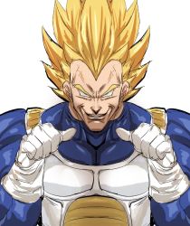 Rule 34 | 1boy, armor, blonde hair, blue bodysuit, bodysuit, bow (bhp), breastplate, commentary, dragon ball, dragonball z, english commentary, gloves, green eyes, grin, looking at viewer, male focus, muscular, pointing, pointing at self, saiyan armor, sanpaku, simple background, smile, solo, super saiyan, super saiyan 2, upper body, vegeta, veins, white background, white gloves