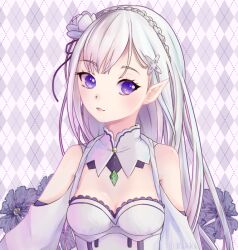 Rule 34 | 1girl, argyle, argyle background, argyle clothes, artist name, asymmetrical bangs, bare shoulders, blunt bangs, braid, breasts, cleavage, collar, commentary, detached collar, detached sleeves, dress, emilia (re:zero), english commentary, eyelashes, flower, french braid, frilled dress, frills, gem, green gemstone, hair flower, hair ornament, hair ribbon, hairclip, kikkidream, light blush, light smile, long hair, long sleeves, looking at viewer, medium breasts, open mouth, purple background, purple eyes, purple flower, purple ribbon, re:zero kara hajimeru isekai seikatsu, ribbon, rose, solo, strap, upper body, white collar, white dress, white flower, white hair, white rose, white sleeves, x hair ornament