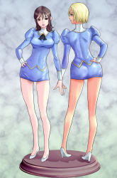 Rule 34 | 2girls, agent aika, aika (series), ass, blonde hair, blue delmo, blue eyes, blue footwear, blue jacket, blue skirt, breasts, brown eyes, brown hair, closed mouth, commentary request, ascot, delmo, delmogeny uniform, extra, full body, hand on own hip, high heels, highres, jacket, juliet sleeves, legs, lipstick, long sleeves, makeup, medium breasts, multiple girls, parted lips, pencil skirt, pink lips, puffy sleeves, shadow, shimaguni yamato, simple background, skirt, standing, taut clothes, uniform, valerie (agent aika), waitress delmo