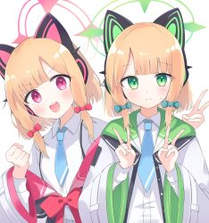 Rule 34 | 2girls, animal ear headphones, animal ears, blonde hair, blue archive, blue necktie, blush, bow, closed mouth, collared shirt, double v, fake animal ears, green bow, green eyes, green halo, hair bow, halo, headphones, highres, jacket, midori (blue archive), momoi (blue archive), multiple girls, necktie, open clothes, open jacket, open mouth, pink halo, preste, red eyes, shirt, short hair, siblings, simple background, sisters, smile, two-sided fabric, two-sided jacket, v, white background, white jacket, white shirt