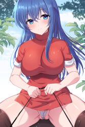 Rule 34 | 1boy, 1girl, awayuki ramika, black thighhighs, blue eyes, blue hair, blush, breasts, caeda (fire emblem), cleft of venus, closed mouth, commentary request, crossed bangs, day, dress, fire emblem, highres, large breasts, leaf, long hair, looking at viewer, nintendo, outdoors, panties, partially visible vulva, pov, pulling, red dress, short sleeves, sidelocks, sitting, sitting on person, sky, smile, thick thighs, thighhighs, thighs, tree, underwear, white panties