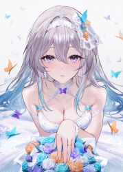 Rule 34 | 1girl, absurdres, alternate costume, artist name, bare shoulders, blush, bouquet, breasts, bug, butterfly, collarbone, dress, firefly (honkai: star rail), flower, hair between eyes, hair ornament, hairband, highres, honkai: star rail, honkai (series), insect, jewelry, long hair, looking at viewer, medium breasts, parted lips, purple eyes, qiandaiyiyu, ring, solo, upper body, white background, white dress, white hairband