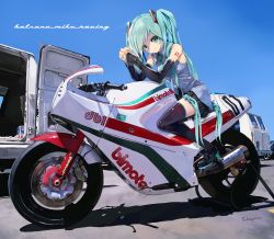 Rule 34 | 1girl, bad id, bad pixiv id, character name, day, detached sleeves, hatsune miku, highres, interlocked fingers, long hair, motor vehicle, motorcycle, necktie, number tattoo, outdoors, skirt, solo, takepon1123, tattoo, thighhighs, twintails, very long hair, vocaloid