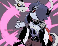 Rule 34 | 1girl, 770mk, blue hair, blue skin, character name, colored skin, detached sleeves, grey background, leviathan (skullgirls), looking at viewer, red eyes, side ponytail, skeletal arm, skullgirls, smile, solo, stitched mouth, stitches