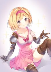 Rule 34 | 1girl, blonde hair, blush, boots, breasts, brown hair, cleavage, djeeta (granblue fantasy), dress, fighter (granblue fantasy), gauntlets, granblue fantasy, hair intakes, hairband, looking at viewer, medium breasts, narusegawa riko, pink dress, smile, solo, sparkle, thigh boots, thighhighs