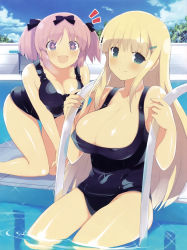 Rule 34 | 10s, 2girls, :d, ^^^, absurdres, blonde hair, blue eyes, breasts, cleavage, green eyes, hair ornament, hairclip, hibari (senran kagura), highres, huge breasts, large breasts, looking at viewer, multiple girls, official art, one-piece swimsuit, open mouth, pink hair, pool ladder, poolside, scan, school swimsuit, senran kagura, shiny skin, short twintails, sitting, smile, soaking feet, swimsuit, symbol-shaped pupils, twintails, water, yaegashi nan, yomi (senran kagura)