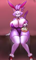 Rule 34 | 1girl, :&lt;, absurdres, animal ears, basket, blaze the cat, blush, breasts, cat ears, cat girl, cat tail, colored skin, curvy, easter, easter egg, egg, female focus, furry, furry female, gipehtyboo, half-closed eyes, highres, holding, holding basket, huge breasts, knees together feet apart, leotard, looking at viewer, playboy bunny, purple hair, purple leotard, purple skin, rabbit ears, red background, red footwear, sega, solo, sonic (series), strapless, tail, thick thighs, thighs, wide hips, yellow eyes