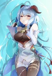 Rule 34 | ahoge, bare shoulders, bell, black gloves, black legwear, blue hair, blush, bodystocking, breasts, chinese knot, clothes pull, curled horns, detached sleeves, flower knot, ganyu (genshin impact), genshin impact, gloves, gold trim, hand on own chest, highres, hino kagutsuki, horns, leotard, leotard pull, looking at viewer, lying, medium breasts, neck bell, on back, open mouth, solo, tassel, tears, thighlet, vision (genshin impact), water, wet, white sleeves