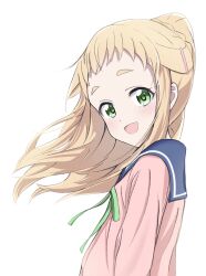 Rule 34 | 1girl, absurdres, asuka asumi, blonde hair, blush, dot nose, female focus, green eyes, hair ornament, hairclip, highres, inose mai, koisuru asteroid, long hair, looking at viewer, open mouth, ponytail, school uniform, serafuku, simple background, solo, sweater, white background