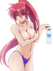 Rule 34 | 1girl, ;), bare arms, blue eyes, bottle, braid, breasts, cleavage, closed mouth, collarbone, cowboy shot, engo (aquawatery), floating hair, groin, hair between eyes, high ponytail, holding, holding bottle, large breasts, long hair, looking at viewer, lyrical nanoha, mahou shoujo lyrical nanoha, navel, one eye closed, panties, purple panties, red hair, shiny skin, signum, simple background, smile, solo, standing, topless, underwear, very long hair, white background