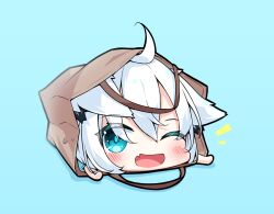 Rule 34 | 1girl, ahoge, animal ear fluff, animal ears, bag, blue background, blush, braid, chibi, commentary request, earrings, fang, fox ears, fox girl, fox tail, green eyes, hair between eyes, highres, hololive, ikamoworkshop, in bag, in container, jewelry, long hair, looking at viewer, notice lines, one eye closed, open mouth, shirakami fubuki, sidelocks, simple background, single braid, skin fang, solo, tail, virtual youtuber, white hair