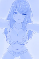 Rule 34 | 1girl, aoe nagi, blue theme, bra, breasts, cleavage, from below, highres, large breasts, long hair, looking at viewer, looking down, monochrome, navel, panties, pov, sagging breasts, shounen no abyss, sketch, solo, underwear, underwear only, viperxtr
