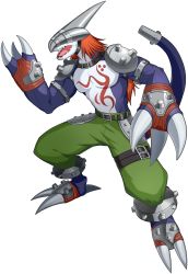 Rule 34 | 1boy, absurdres, armor, bandai, blindfold, chest tattoo, claws, digimon, digimon (creature), digimon new century, dragon, dragon boy, dragon tail, full body, highres, monster, muscular, no humans, official art, open mouth, pants, pectorals, sharp teeth, shoulder armor, shoulder pads, simple background, solo, strikedramon, tail, tattoo, teeth