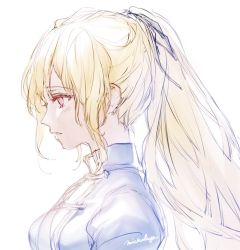 Rule 34 | 1girl, alternate costume, artist name, blonde hair, blue shirt, blush, character request, commentary, copyright request, from side, hair ribbon, high collar, high ponytail, highres, michudx, pink eyes, ponytail, profile, ribbon, shirt, sidelocks, sketch, solo, vira (granblue fantasy)