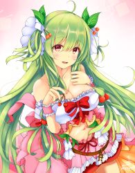 Rule 34 | 1girl, bare shoulders, bow, breasts, cherry hair ornament, cleavage, cowboy shot, flower knight girl, food-themed hair ornament, food themed hair ornament, frills, green hair, hair bobbles, hair ornament, highres, large breasts, layered skirt, leaf, long hair, looking at viewer, midriff, multicolored eyes, navel, pink eyes, pink skirt, red bow, sakuranbo (flower knight girl), skirt, smile, solo, suzume (simple0091), two side up, white background, yellow eyes
