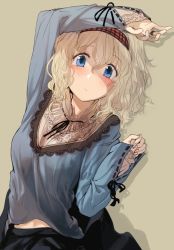 Rule 34 | 1girl, alice margatroid, alternate costume, arm over head, arm up, blonde hair, blouse, blue eyes, blush, breasts, closed mouth, curly hair, dress, fingerless gloves, fingernails, geppewi, gloves, hair between eyes, hairband, jewelry, long sleeves, looking at viewer, ring, shirt, short hair, simple background, skirt, solo, touhou, wavy hair