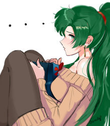 Rule 34 | ..., 1girl, absurdres, alternate costume, black pantyhose, casual, contemporary, earrings, fire emblem, fire emblem: the blazing blade, green eyes, green hair, highres, jewelry, long hair, looking at viewer, looking to the side, lyn (fire emblem), nintendo, off-shoulder, off-shoulder sweater, off shoulder, ormille, pantyhose, ponytail, signature, sketch, solo, sweater