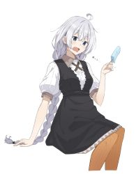 Rule 34 | 1girl, ahoge, arm support, black dress, blue eyes, braid, commentary, dress, dripping, furrowed brow, grey hair, highres, holding food, holding ice cream, ice cream, ice cream bar, kizuna akari, long hair, minatsuki (m1natsuk1), open mouth, orange thighhighs, puffy short sleeves, puffy sleeves, shirt, shirt under dress, short sleeves, solo, symbol-only commentary, thighhighs, translated, very long hair, vocaloid, voiceroid, white shirt