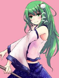 Rule 34 | 1girl, bare shoulders, blush, detached sleeves, female focus, frog, frog hair ornament, gohei, green eyes, green hair, hair ornament, highres, kochiya sanae, long hair, matching hair/eyes, midriff, minato (shouno), pink background, simple background, smile, snake, snake hair ornament, solo, standing, touhou