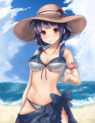 Rule 34 | 10s, 1girl, beach, bikini, blush, breasts, cloud, cloudy sky, day, front-tie bikini top, front-tie top, hair ornament, haregama shiina, hat, highres, kantai collection, large breasts, long hair, looking at viewer, navel, ocean, outdoors, purple hair, red eyes, sarong, sky, smile, solo, swimsuit, taigei (kancolle), twitter username, whale hair ornament
