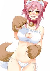 Rule 34 | 1girl, animal ears, animal hands, bell, bra, breasts, cat cutout, cat ear panties, cat lingerie, choker, cleavage, cleavage cutout, clothing cutout, collar, covered erect nipples, fate/grand order, fate (series), fox ears, fox tail, gloves, hair ribbon, highres, jingle bell, kitsunetsu (rcu be1s), large breasts, long hair, looking at viewer, meme attire, navel, neck bell, open mouth, panties, paw gloves, pink hair, ribbon, side-tie panties, solo, tail, tamamo (fate), tamamo cat (fate), tamamo no mae (fate/extra), type-moon, underwear, underwear only, white bra, yellow eyes
