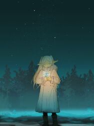 Rule 34 | 1girl, blue flower, blue scarf, boots, chamwa, closed eyes, coat, commentary, elf, english commentary, flower, frieren, full body, holding, holding flower, long hair, long sleeves, night, outdoors, pointy ears, scarf, sky, solo, sousou no frieren, star (sky), starry sky, tree, white coat, white hair