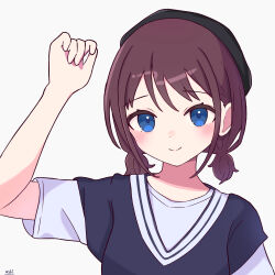Rule 34 | 1girl, absurdres, arm up, black hat, blue eyes, blue sweater vest, blush, brown hair, closed mouth, commentary, girls band cry, hat, highres, iseri nina, looking at viewer, low twintails, omochi tabeyo97, shirt, short hair, short sleeves, short twintails, sidelocks, signature, simple background, solo, sweater vest, twintails, upper body, white background, white shirt