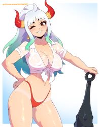 Rule 34 | 1girl, absurdres, bikini, bikini bottom only, blue hair, breasts, brown eyes, cleavage, covered erect nipples, dashi (dashiart), gradient hair, grin, highleg, highleg swimsuit, highres, horns, large breasts, long hair, looking at viewer, multicolored hair, multicolored horns, one eye closed, one piece, planted, ponytail, red horns, shirt, sidelocks, smile, solo, standing, swimsuit, tied shirt, underwear, wet, white hair, white shirt, yamato (one piece), yellow horns