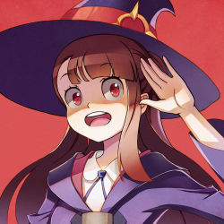 Rule 34 | 10s, 1girl, 2017, brown hair, happy, hat, headwear request, kagari atsuko, little witch academia, long hair, long sleeves, looking at viewer, luna nova school uniform, luna nova symbol, open mouth, pale skin, red background, red eyes, ryuu32, school uniform, shadow, simple background, solo, tagme, teeth, textless version, tongue, witch hat