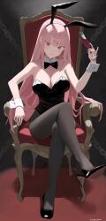 Rule 34 | 1girl, animal ears, black footwear, black leotard, black pantyhose, blunt bangs, breasts, cleavage, collar, crossed legs, cup, detached collar, drinking glass, fake animal ears, high heels, highres, holding, holding cup, hololive, hololive english, kongarisalmon, large breasts, leotard, long hair, looking at viewer, mori calliope, pantyhose, pink hair, playboy bunny, rabbit ears, red eyes, sidelocks, smile, solo, strapless, strapless leotard, virtual youtuber, white collar, white wrist cuffs, wine glass, wrist cuffs