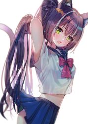 Rule 34 | 1girl, animal ear fluff, animal ears, arms behind head, arms up, blue skirt, blush, bow, bowtie, breasts, cat ears, cat girl, cat tail, cowboy shot, crop top, crop top overhang, fang, from side, green eyes, hair between eyes, hair bow, hanato (seonoaiko), highres, karyl (princess connect!), long hair, looking at viewer, looking to the side, midriff, miniskirt, multicolored hair, open mouth, pleated skirt, ponytail, princess connect!, purple hair, sailor collar, school uniform, see-through, serafuku, shirt, short sleeves, simple background, skin fang, skirt, small breasts, solo, streaked hair, tail, tail raised, very long hair, white background, white shirt