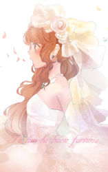 Rule 34 | 1girl, artist request, bad id, bad pixiv id, bare shoulders, blunt bangs, blush, breasts, bridal veil, brown hair, dress, earrings, elbow gloves, gloves, italian text, jewelry, long hair, looking to the side, lying, necklace, on side, original, petals, simple background, sleeveless, sleeveless dress, small breasts, solo, upper body, veil, wavy hair, wedding dress, white background, white dress, white gloves, white headwear