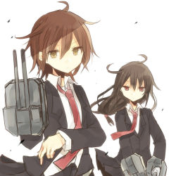 Rule 34 | 10s, 2girls, ahoge, brown hair, cannon, chibirisu, hatsushimo (kancolle), kantai collection, long hair, looking at viewer, low-tied long hair, machinery, multiple girls, necktie, pleated skirt, red eyes, school uniform, short hair, skirt, turret, wakaba (kancolle), white background