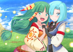 Rule 34 | 2girls, :d, black gloves, blue eyes, blue hair, blue sky, breasts, closed mouth, cloud, day, eyes visible through hair, facing another, feena (grandia), gloves, grandia, grandia i, grass, green eyes, green hair, groin, hair intakes, hair over one eye, hair tubes, holding hands, interlocked fingers, jewelry, kayama kenji, leen (grandia), light blue hair, long hair, looking at viewer, low-tied long hair, multiple girls, navel, necklace, open mouth, outdoors, ribbon-trimmed sleeves, ribbon trim, short hair, siblings, sisters, sky, sleeves past elbows, small breasts, smile, teeth, wide sleeves