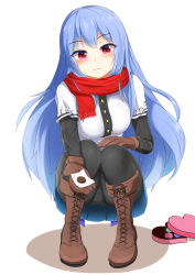 Rule 34 | 1girl, :3, blue hair, blush, boots, brown footwear, buttons, chocolate, closed mouth, cross-laced footwear, full body, gloves, heart, highres, hinanawi tenshi, interacting with viewer, knee boots, lace-up boots, layered sleeves, long hair, long sleeves, looking at viewer, miniskirt, nekoda (maoda), no headwear, outstretched arm, panties, panties under pantyhose, pantyhose, pantyshot, red eyes, revision, scarf, shirt, short over long sleeves, short sleeves, simple background, skirt, smile, solo, squatting, touhou, underwear, valentine, white background
