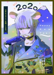 Rule 34 | 1boy, 2020, animal ears, blue eyes, blue gloves, blunt bangs, chinese zodiac, choker, earrings, gloves, grey hair, happy new year, highres, jacket, jewelry, long sleeves, male focus, mount fuji, mouse ears, new year, original, short hair, solo, toinana, year of the rat