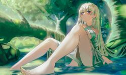Rule 34 | 1girl, arm between legs, bare legs, bare shoulders, barefoot, blonde hair, blue eyes, breasts, collarbone, criss-cross halter, detached sleeves, dress, facepaint, feet, fingernails, firehippo, foreshortening, forest, full body, green dress, hair flowing over, halterneck, highres, knees, knees up, legs, light particles, light rays, log, long fingernails, long hair, long sleeves, looking at viewer, looking down, looking to the side, medium breasts, nail polish, nature, original, outdoors, parted lips, raised eyebrows, shallow water, sideways glance, sitting, solo, stream, sunbeam, sunlight, thick eyelashes, thighs, toenail polish, toenails, toes, tree, underboob, upskirt, very long hair, water, wide sleeves