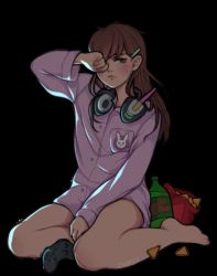 Rule 34 | &gt;:3, 1girl, :3, animal print, animated, animated gif, artist name, bare legs, barefoot, bottle, breast pocket, breasts, brown eyes, brown hair, buttons, churpix, closed mouth, commentary, d.va (overwatch), doritos, facepaint, facial mark, hair ornament, hairclip, hand up, headphones, headphones around neck, long hair, long sleeves, looking at viewer, mountain dew, nose, one eye closed, overwatch, overwatch 1, pink shirt, pocket, rabbit print, rubbing eyes, shirt, sitting, sleepy, solo, thighs, transparent background, v-shaped eyebrows, whisker markings