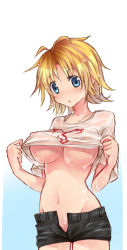 Rule 34 | 00s, 1girl, bad id, bad pixiv id, blonde hair, blue eyes, breasts, final fantasy, final fantasy x, gender request, genderswap, large breasts, navel, no panties, open mouth, oshiruko (tsume), see-through, short hair, shorts, solo, tidus, underboob, unzipped, wet, wet clothes