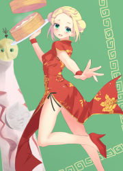Rule 34 | back, blonde hair, blush, bracelet, china dress, chinese clothes, dress, green eyes, high heels, holding, jewelry, looking at viewer, looking back, mase yuuko, open mouth, pelvic curtain, quipao, red dress, saki (manga), shio (cl2ga), short hair, smile, solo, standing