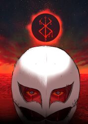Rule 34 | 1boy, berserk, blood, bloody tears, blue eyes, brand of sacrifice, commentary, eclipse, english commentary, facing viewer, griffith (berserk), helmet, highres, male focus, nisino2222, red theme, solar eclipse, solo, straight-on